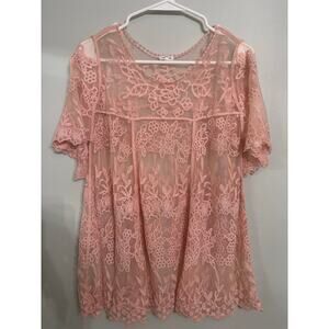 En Crème Pink Lace Sheer Top Floral Embroidered Boho Blouse Size S